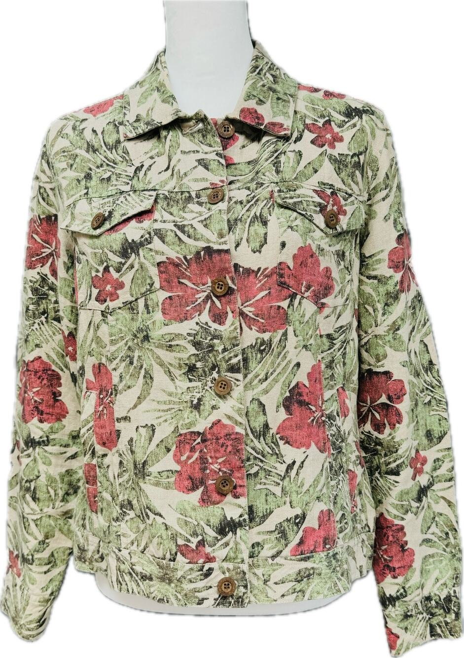 Charter Club Holiday Floral Linen Button Up Trucker Jacket Women M Red Green